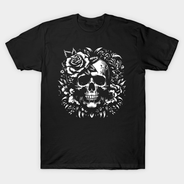 skull roses and leaves T-Shirt by lkn